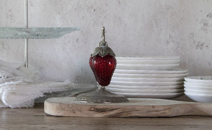 Vintage-Inspired Strawberry Salt & Pepper Shakers – Ruby Glass with Hanging Stand